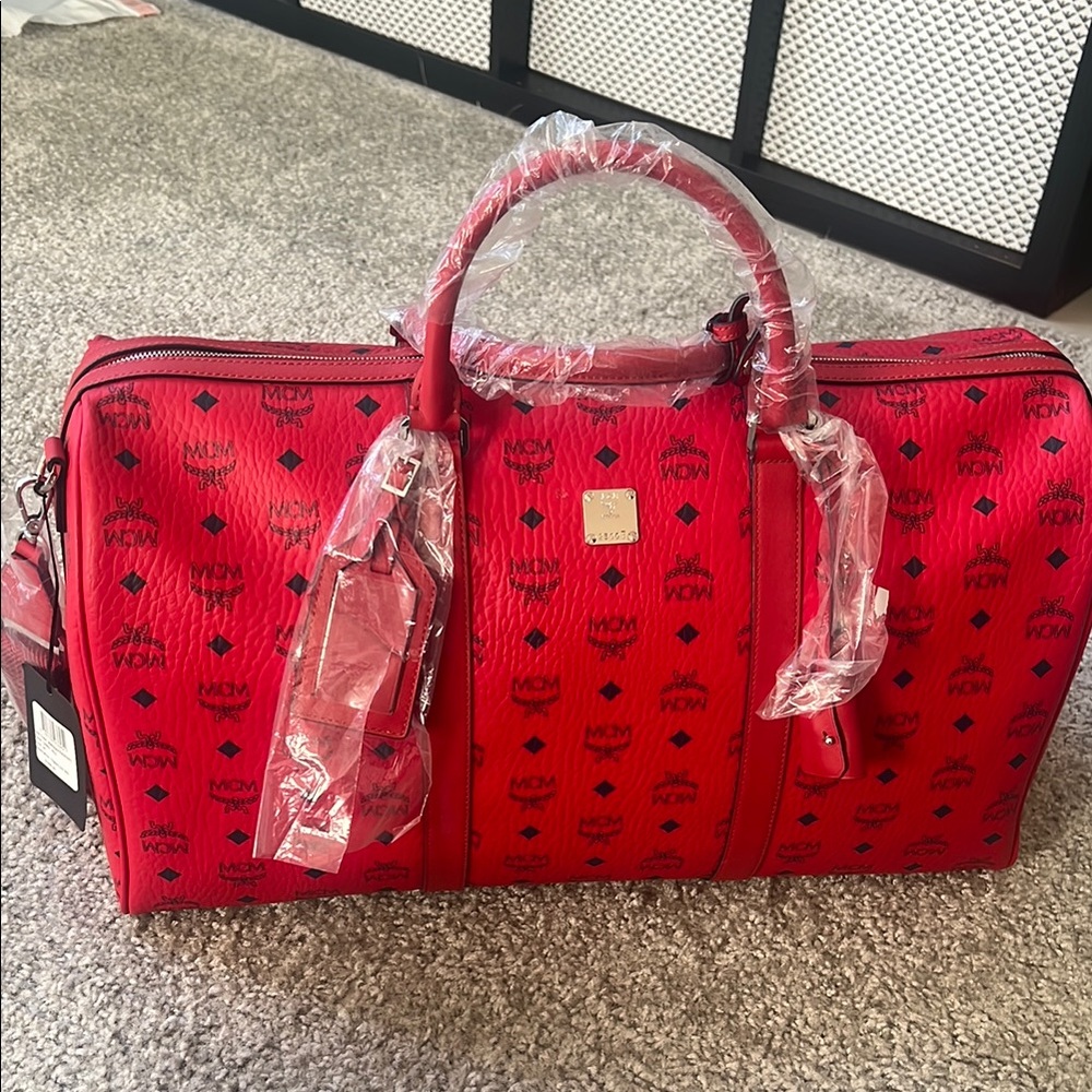 Red MCM Logo Travel Duffel Bag